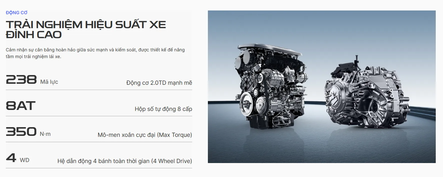 Geely Monjaro 2025 sở hữu khả năng vận hành ưu việt khi được phát triển trên nền tảng CMA (Compact Modular Architecture) dùng chung với các dòng xe cao cấp như Volvo XC40, Volvo C40, Polestar 2. Bên dưới capo là khối động cơ 2.0TD cho công suất tới 235 mã lực và mô-men xoắn cực đại 350 Nm.